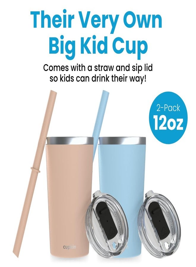 CUPKIN Toddler Tumblers, The Original 12 oz Stackable Stainless Steel Cups, Set of 2 Powder Coated Insulated Kids Water Bottle Alternative & BPA Free Lids + Reusable Silicone Straws (Peach + Teal) - Image 2